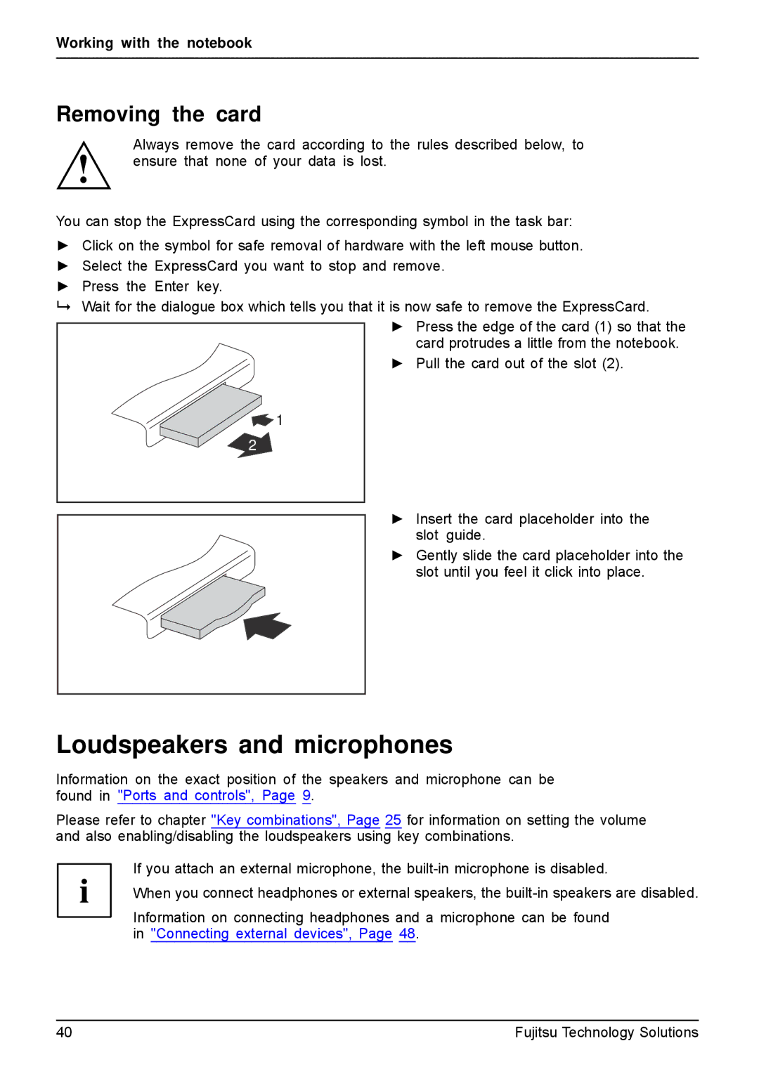 Fujitsu AH531, A531 manual Loudspeakers and microphones, Removing the card 