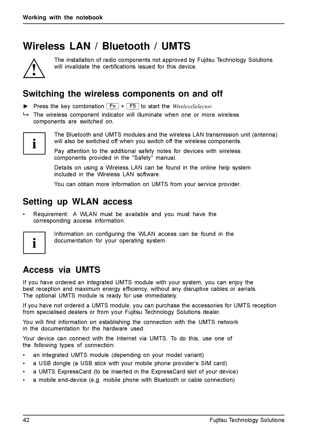 Fujitsu AH531, A531 Wireless LAN / Bluetooth / Umts, Switching the wireless components on and off, Setting up Wlan access 