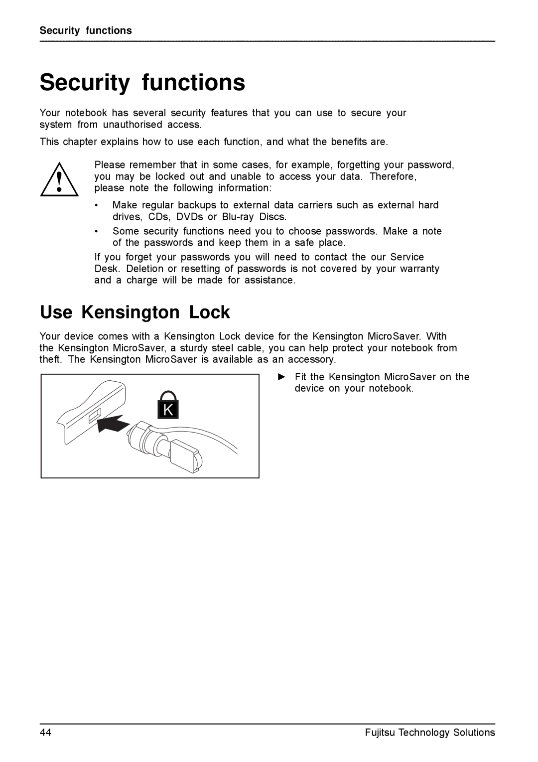 Fujitsu AH531, A531 manual Security functions, Use Kensington Lock 