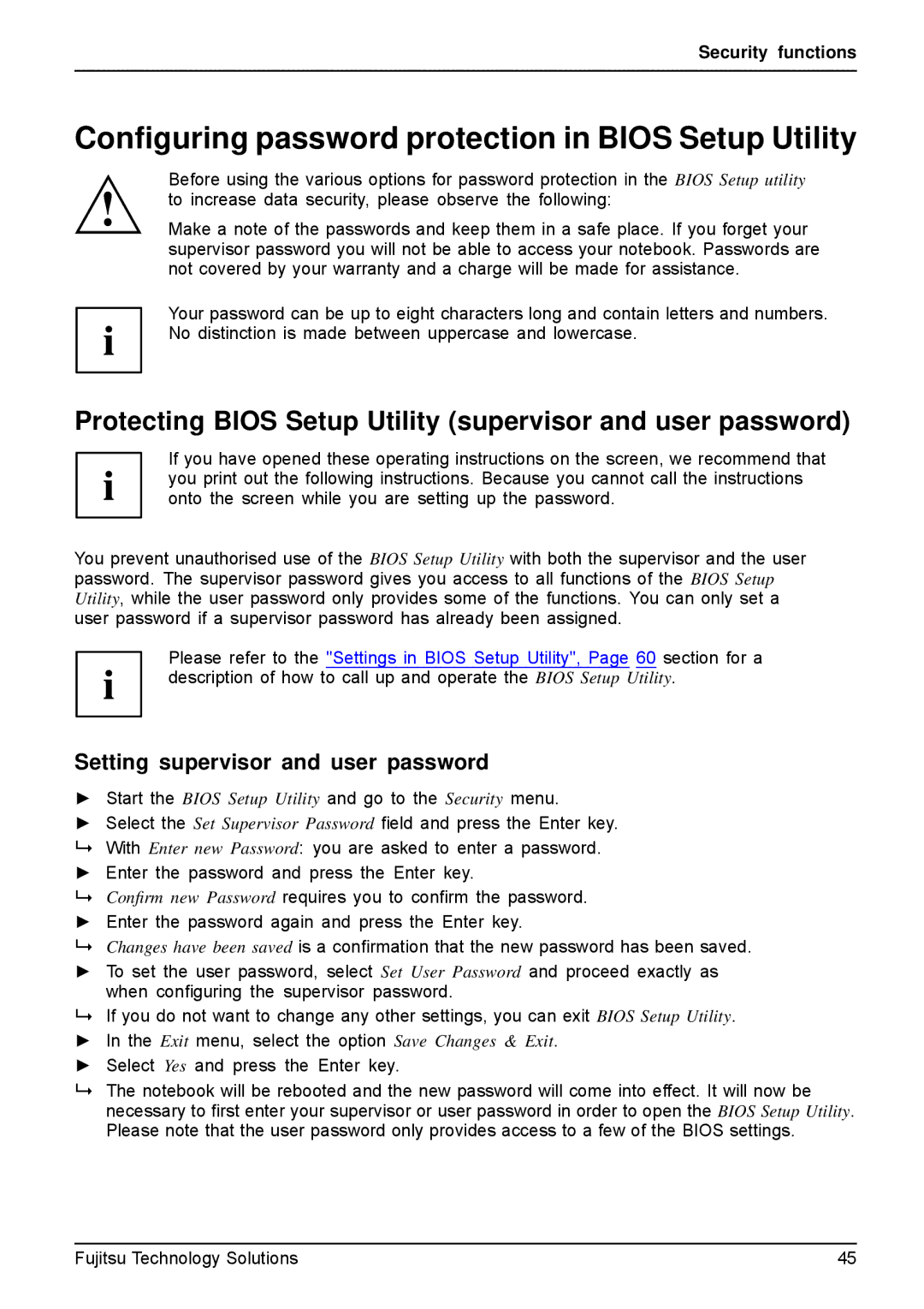 Fujitsu A531, AH531 manual Conﬁguring password protection in Bios Setup Utility 