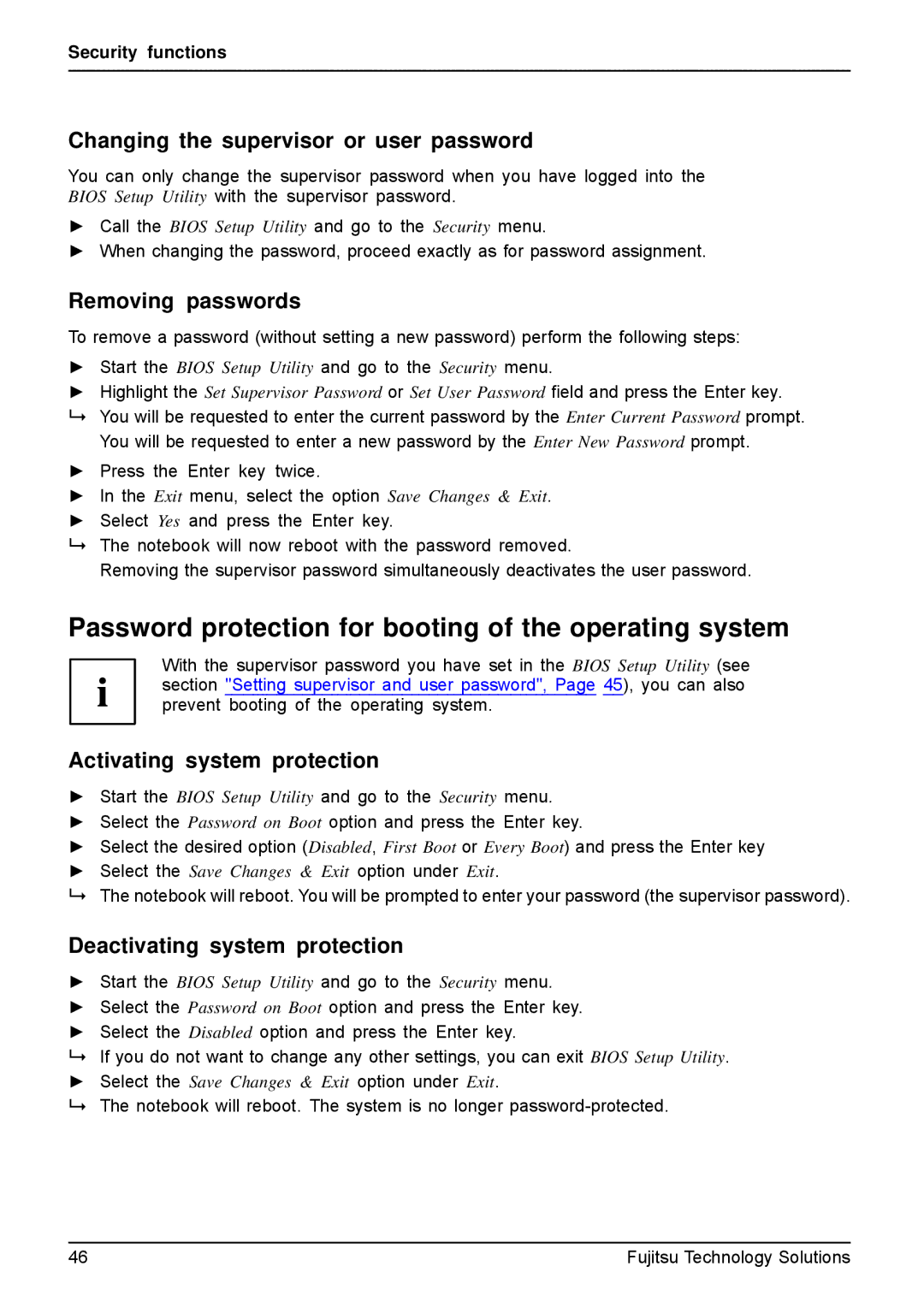 Fujitsu AH531, A531 manual Password protection for booting of the operating system, Changing the supervisor or user password 