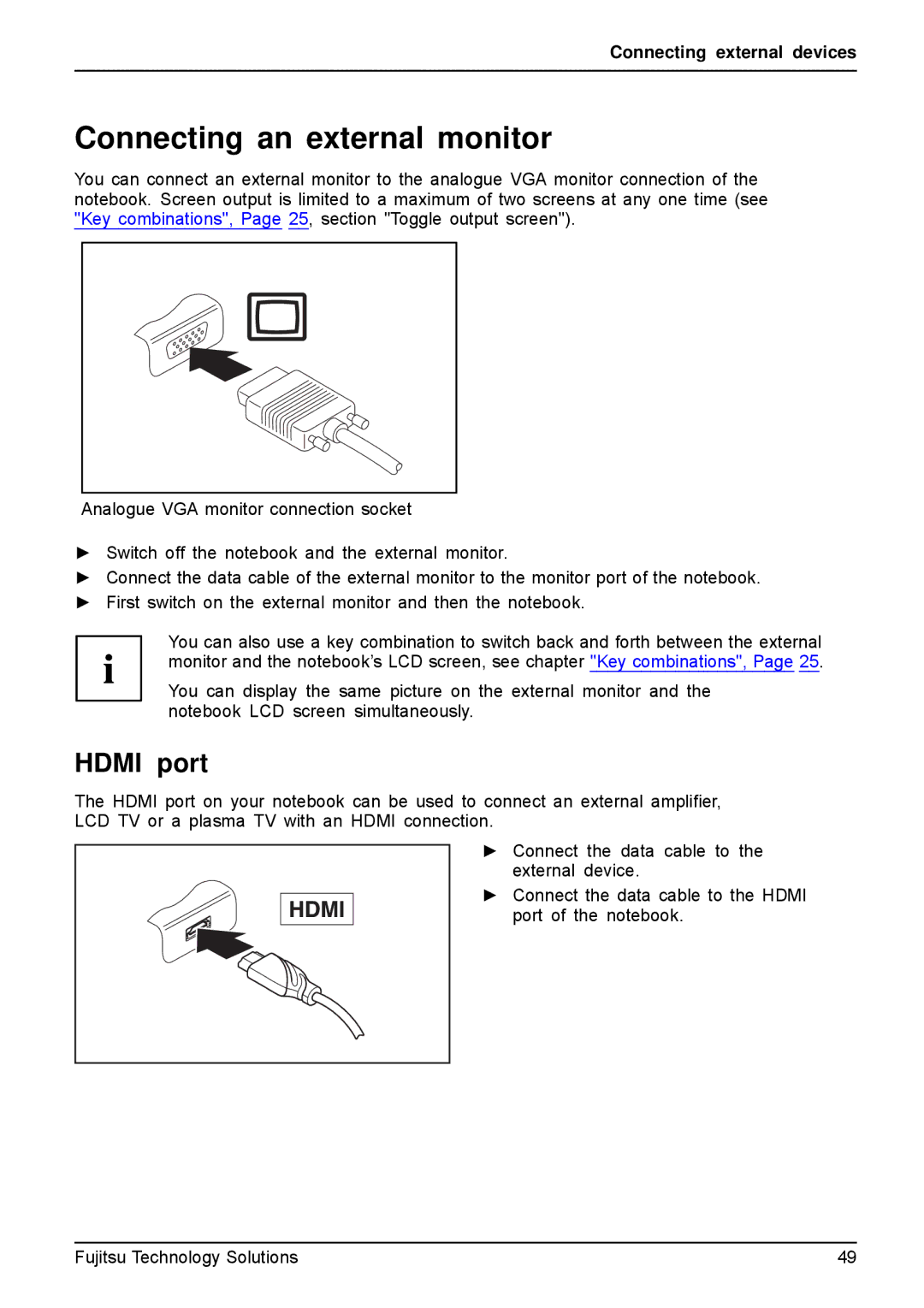 Fujitsu A531, AH531 manual Connecting an external monitor, Hdmi port 