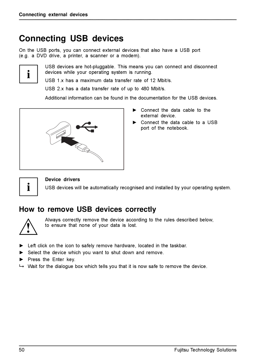 Fujitsu AH531, A531 manual Connecting USB devices, How to remove USB devices correctly, Device drivers 