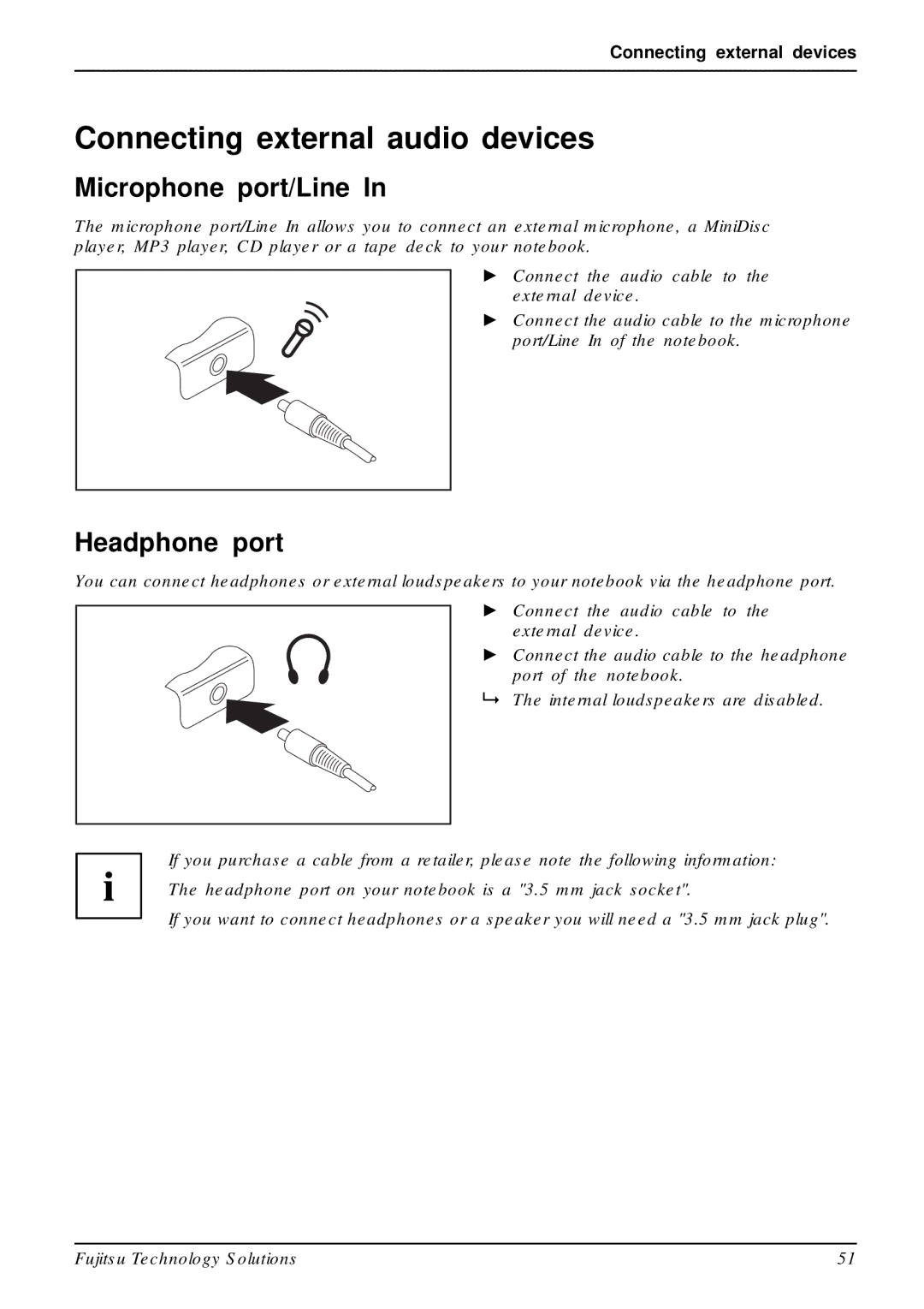 Fujitsu A531, AH531 manual Connecting external audio devices, Microphone port/Line, Headphone port 