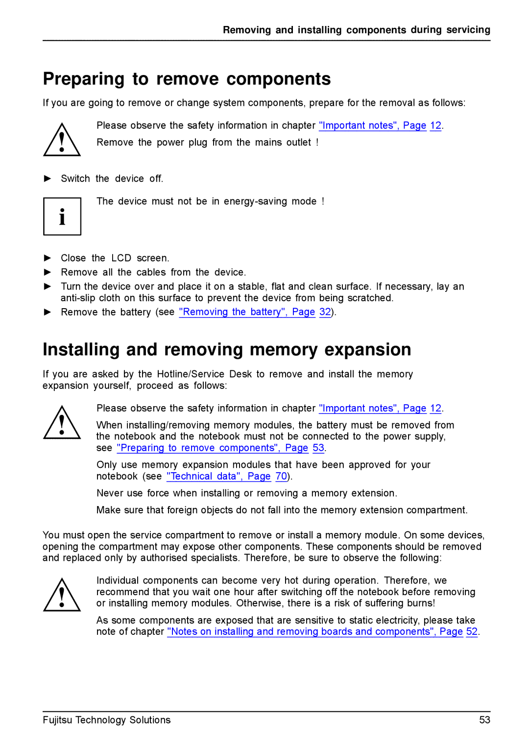 Fujitsu A531, AH531 manual Preparing to remove components, Installing and removing memory expansion 