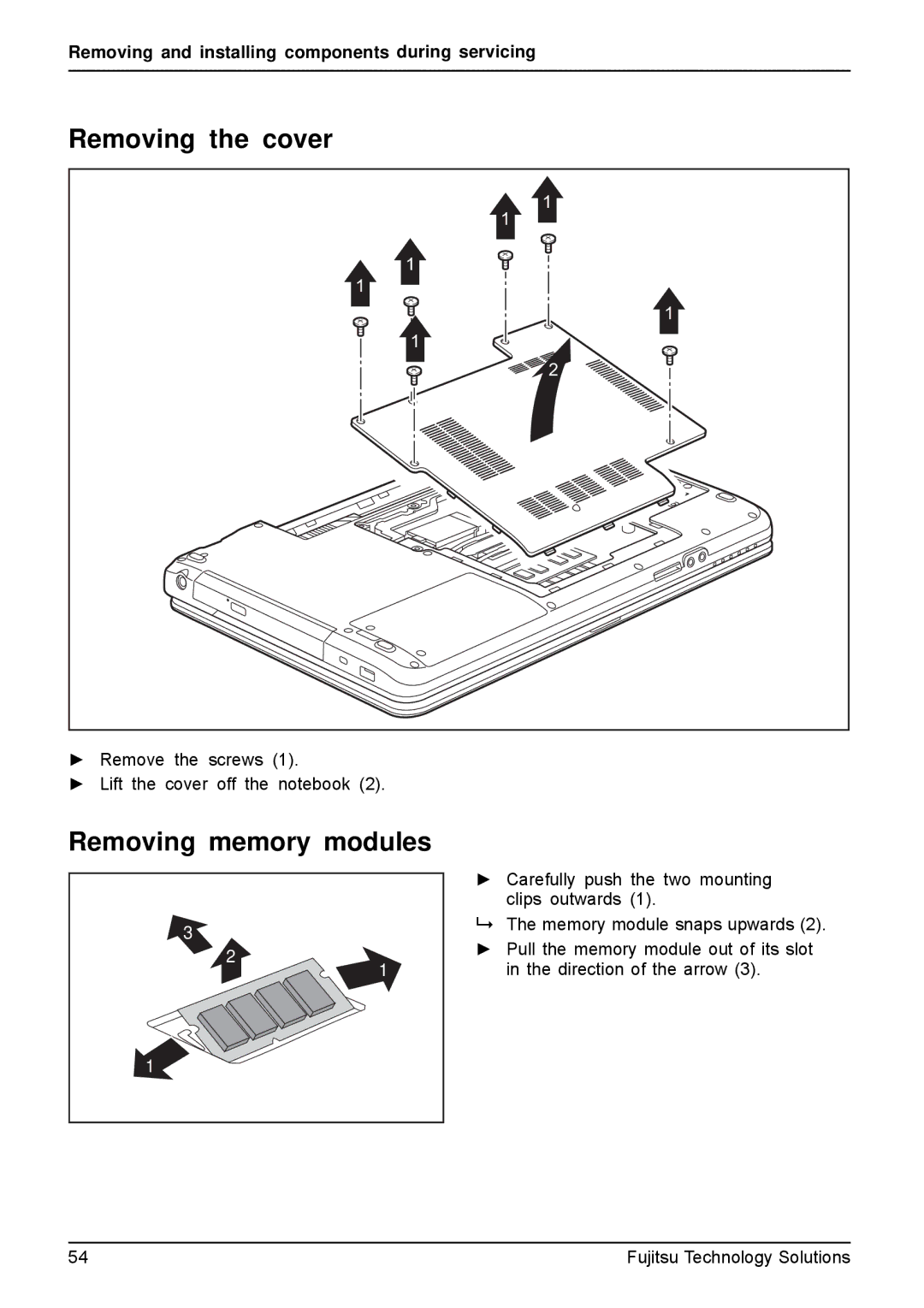 Fujitsu AH531, A531 manual Removing the cover, Removing memory modules 