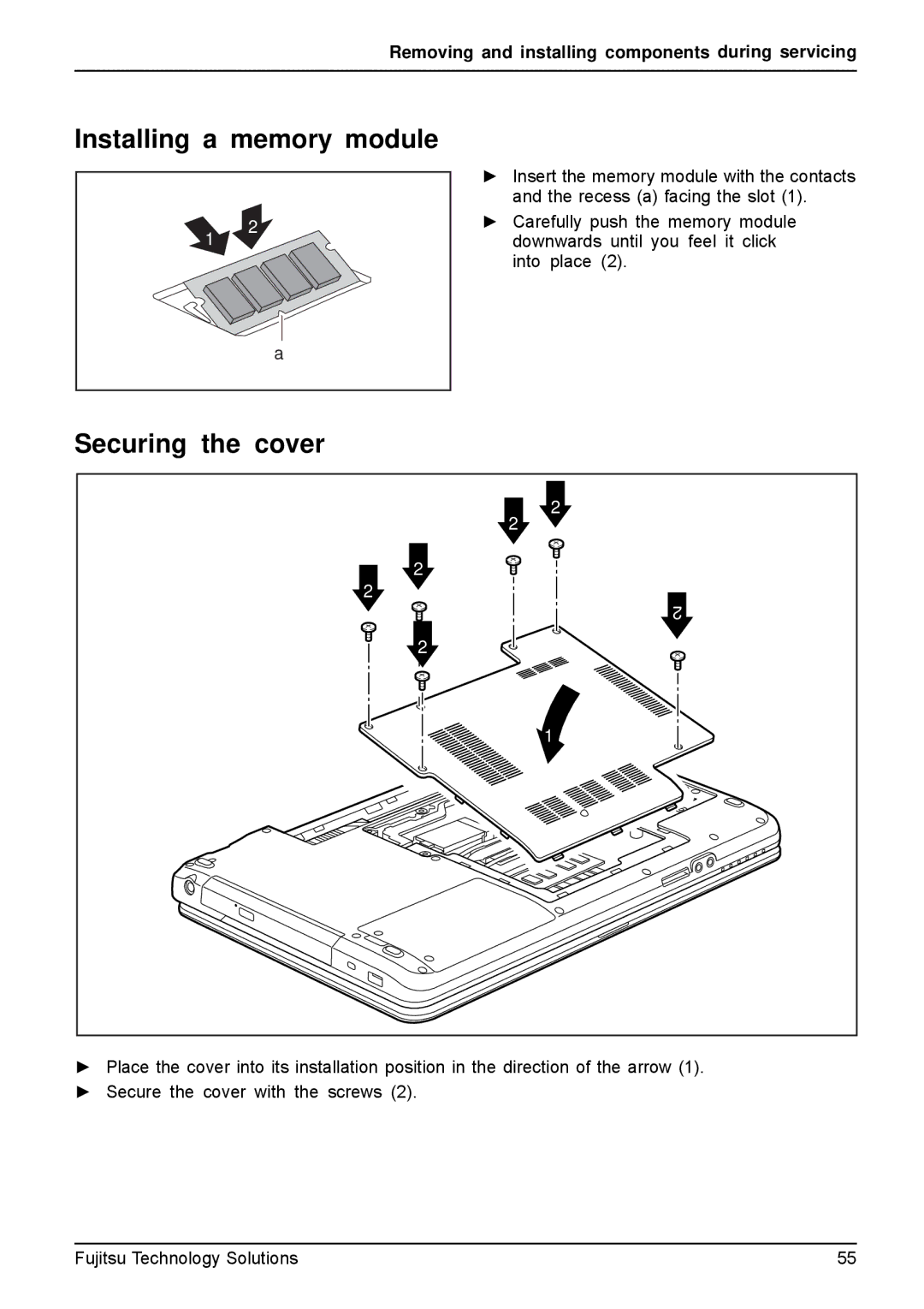 Fujitsu A531, AH531 manual Installing a memory module, Securing the cover 