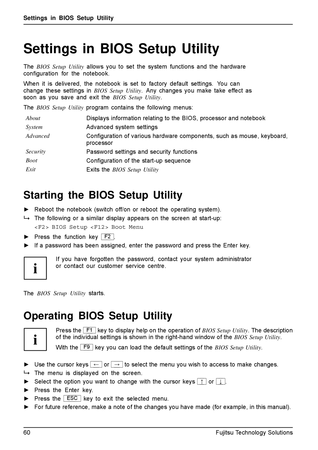 Fujitsu AH531, A531 manual Settings in Bios Setup Utility, Starting the Bios Setup Utility, Operating Bios Setup Utility 