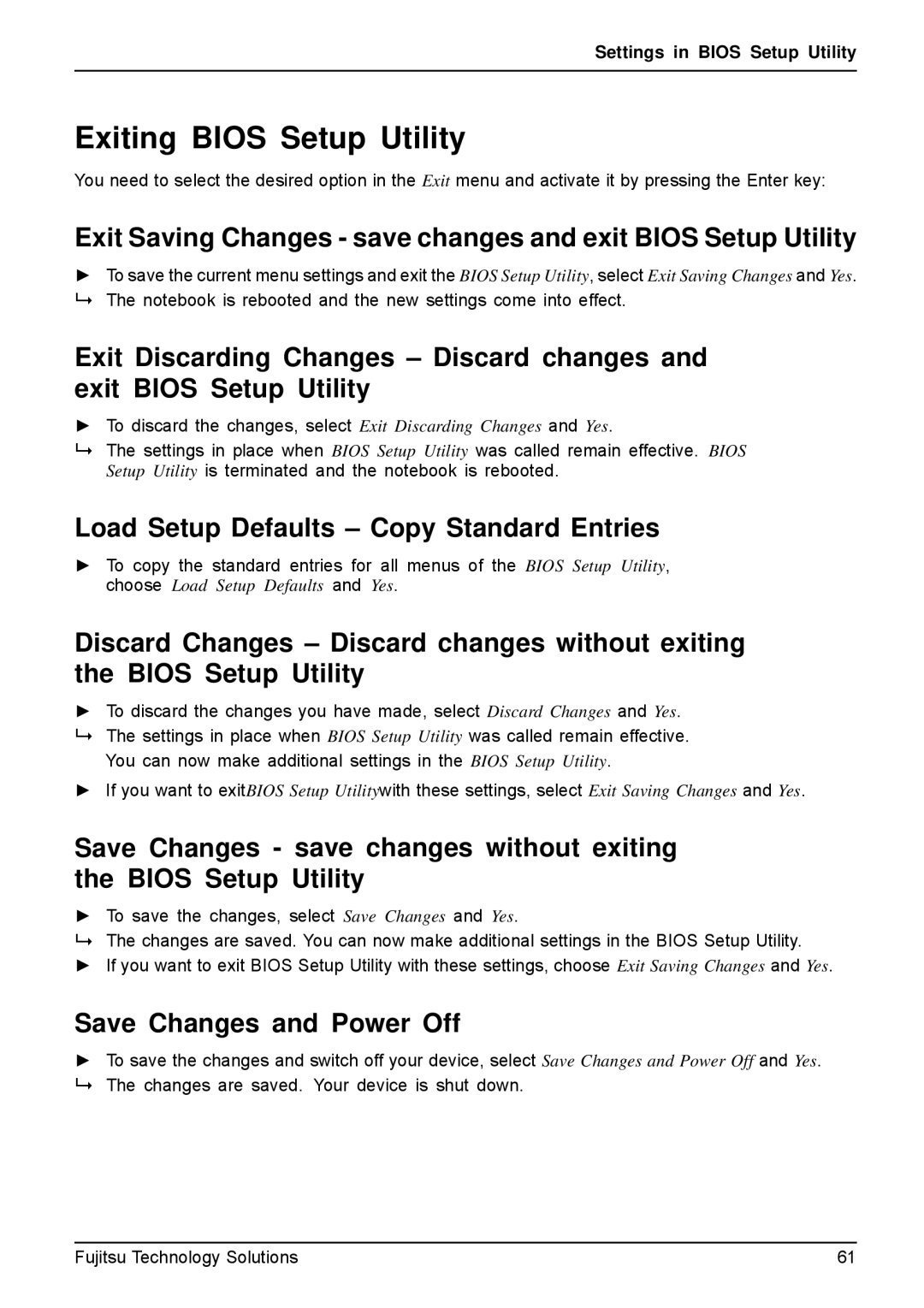 Fujitsu A531, AH531 manual Exiting Bios Setup Utility, Load Setup Defaults Copy Standard Entries, Save Changes and Power Off 