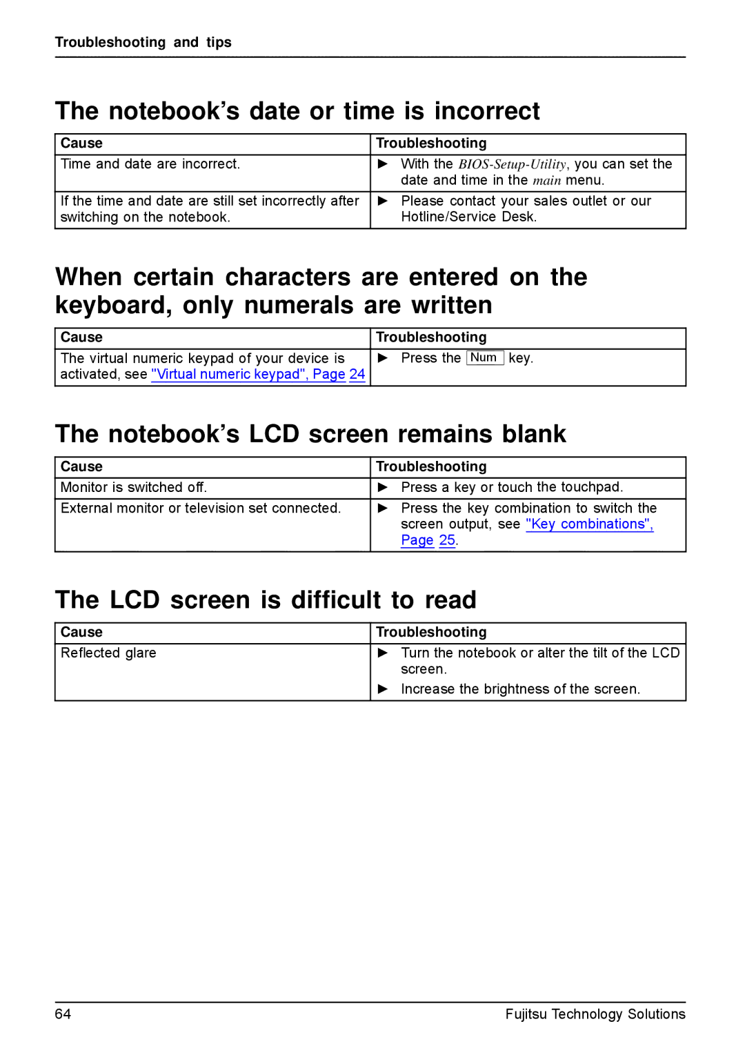 Fujitsu AH531, A531 manual LCD screen is difﬁcult to read, Troubleshooting and tips Cause, Cause Troubleshooting 