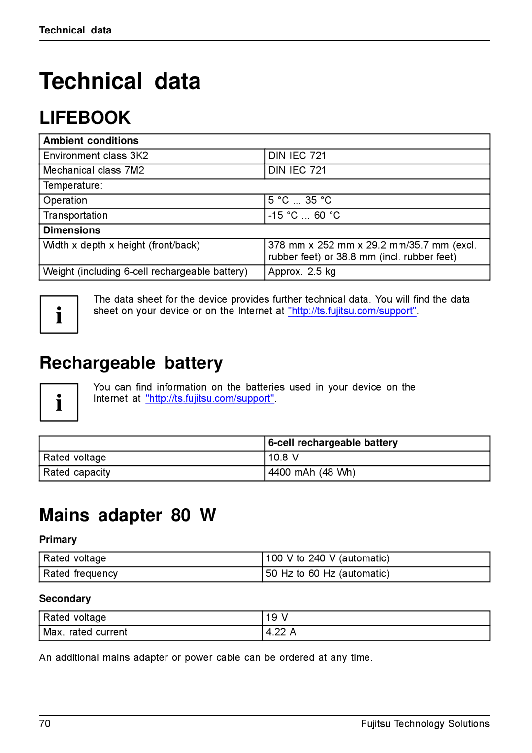 Fujitsu AH531, A531 manual Technical data, Mains adapter 80 W 