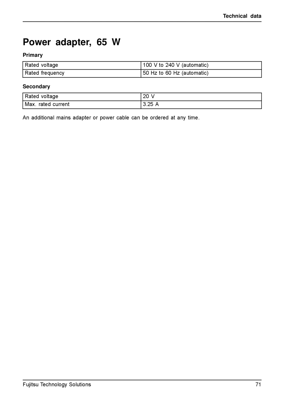 Fujitsu A531, AH531 manual Power adapter, 65 W 