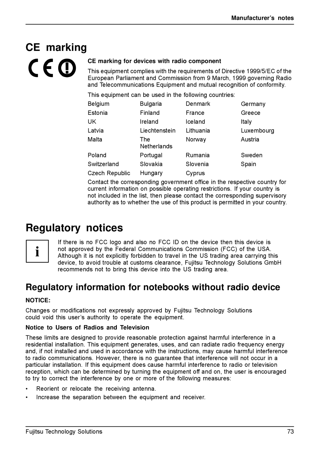 Fujitsu A531, AH531 manual CE marking, Regulatory notices, Regulatory information for notebooks without radio device 