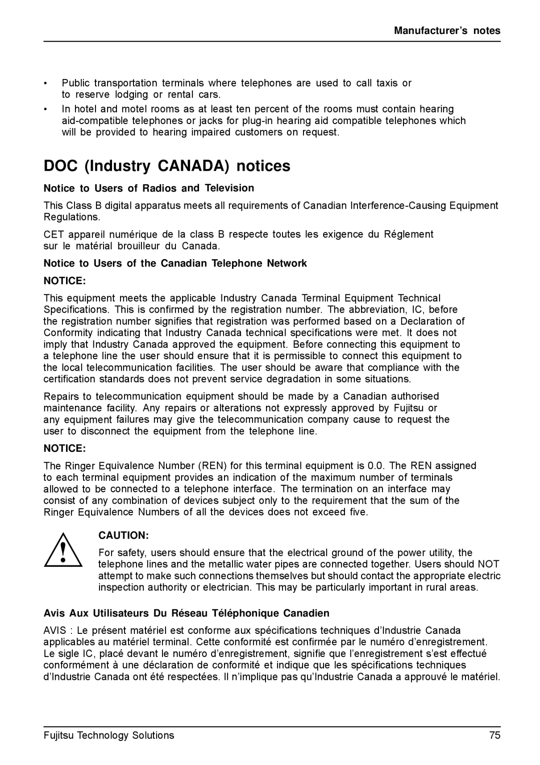 Fujitsu A531, AH531 manual DOC Industry Canada notices, Avis Aux Utilisateurs Du Réseau Téléphonique Canadien 