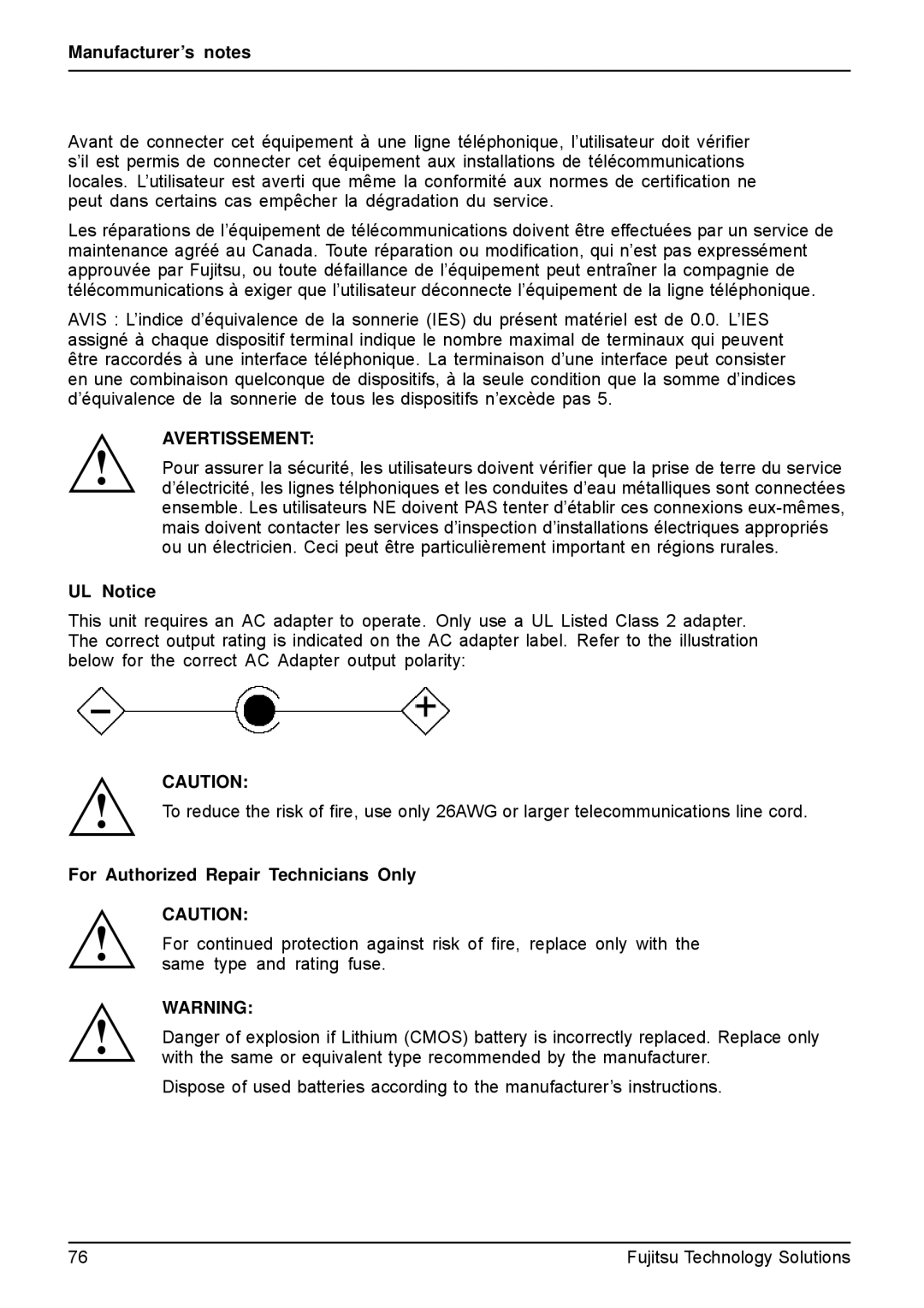 Fujitsu AH531, A531 manual UL Notice, For Authorized Repair Technicians Only 