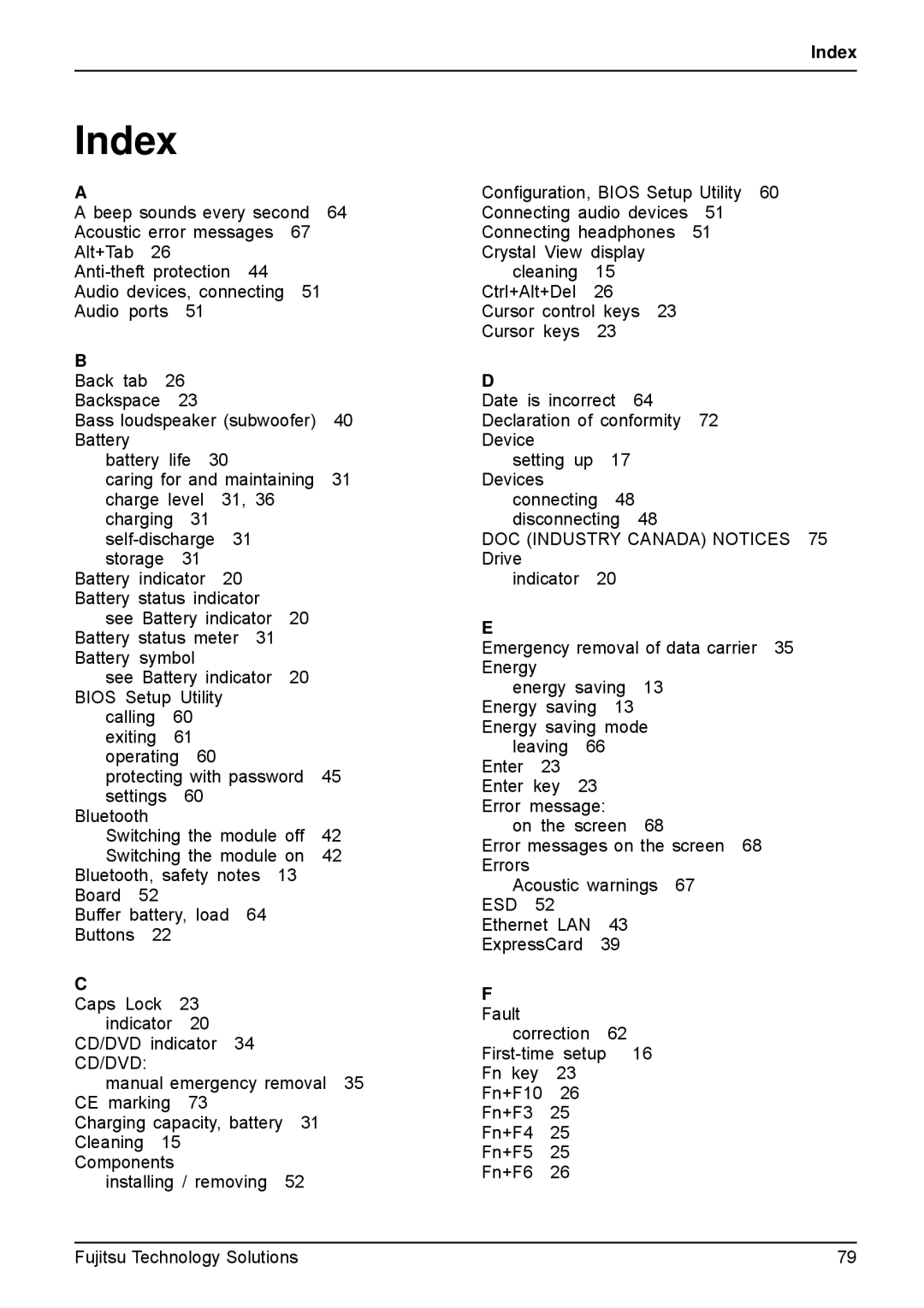 Fujitsu A531, AH531 manual Index, Fault 