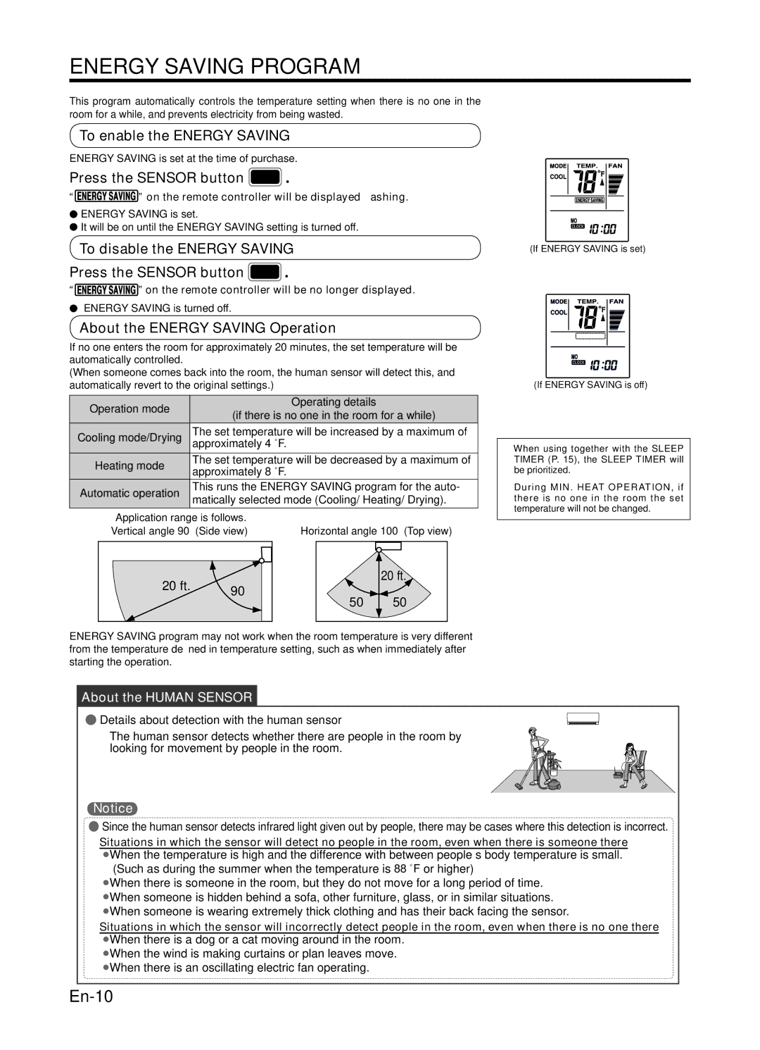 Fujitsu AIR CONDITIONER, 9319356051 Energy Saving Program, To enable the Energy Saving, Press the Sensor button 