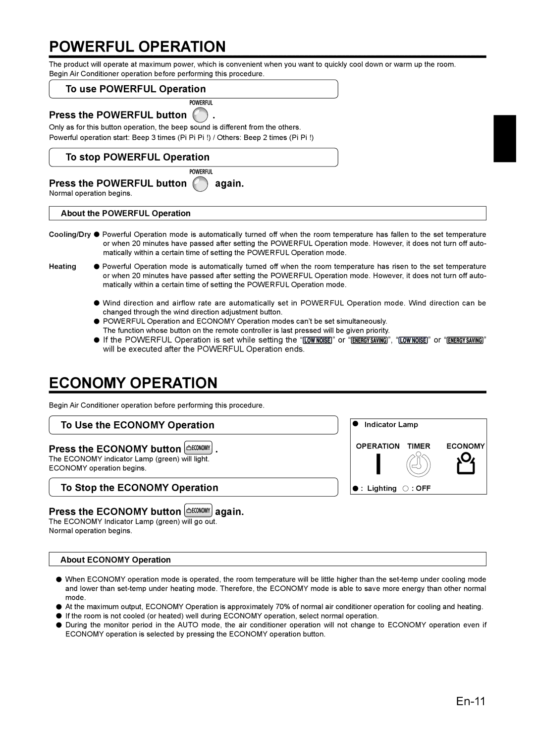 Fujitsu 9319356051, AIR CONDITIONER Economy Operation, To use Powerful Operation Press the Powerful button 