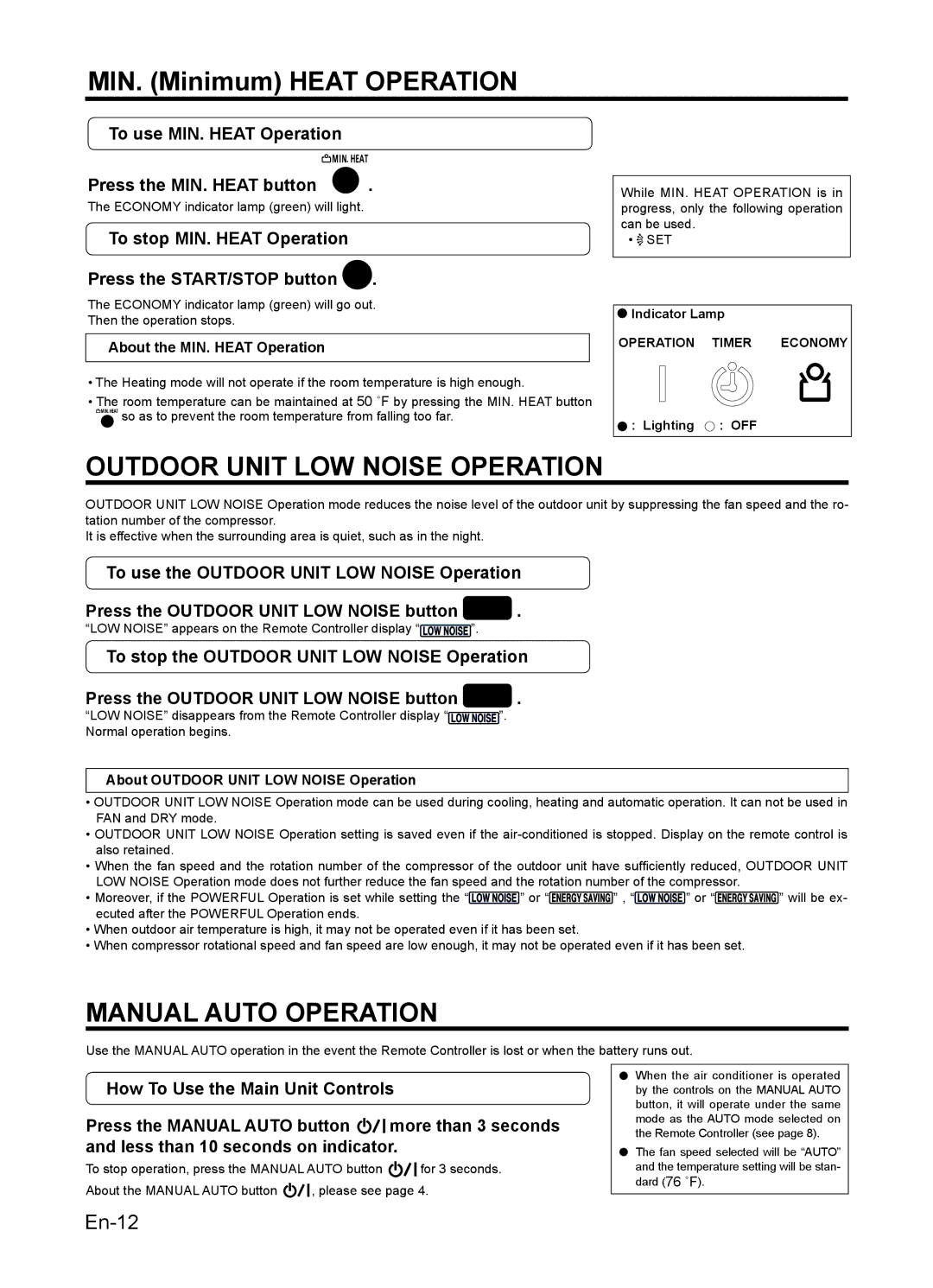 Fujitsu AIR CONDITIONER, 9319356051 manuel dutilisation Outdoor Unit LOW Noise Operation, Manual Auto Operation 