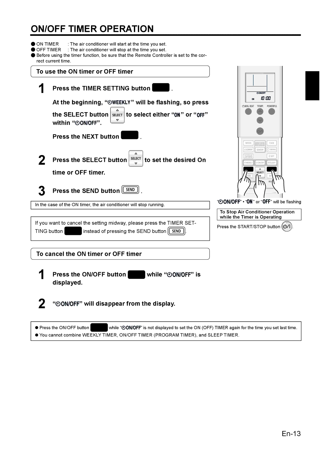 Fujitsu 9319356051, AIR CONDITIONER manuel dutilisation ON/OFF Timer Operation, Will be ﬂashing, so press 