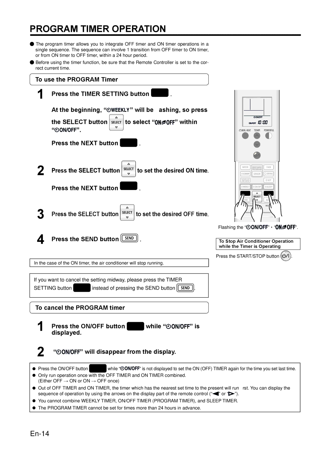 Fujitsu AIR CONDITIONER, 9319356051 Program Timer Operation, Press the Next button Press the Select button, To select 