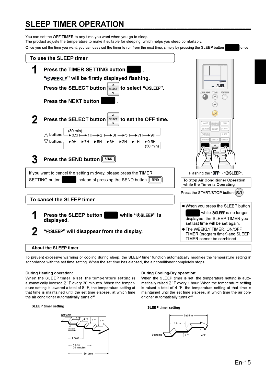 Fujitsu 9319356051 Sleep Timer Operation, To use the Sleep timer Press the Timer Setting button, About the Sleep timer 