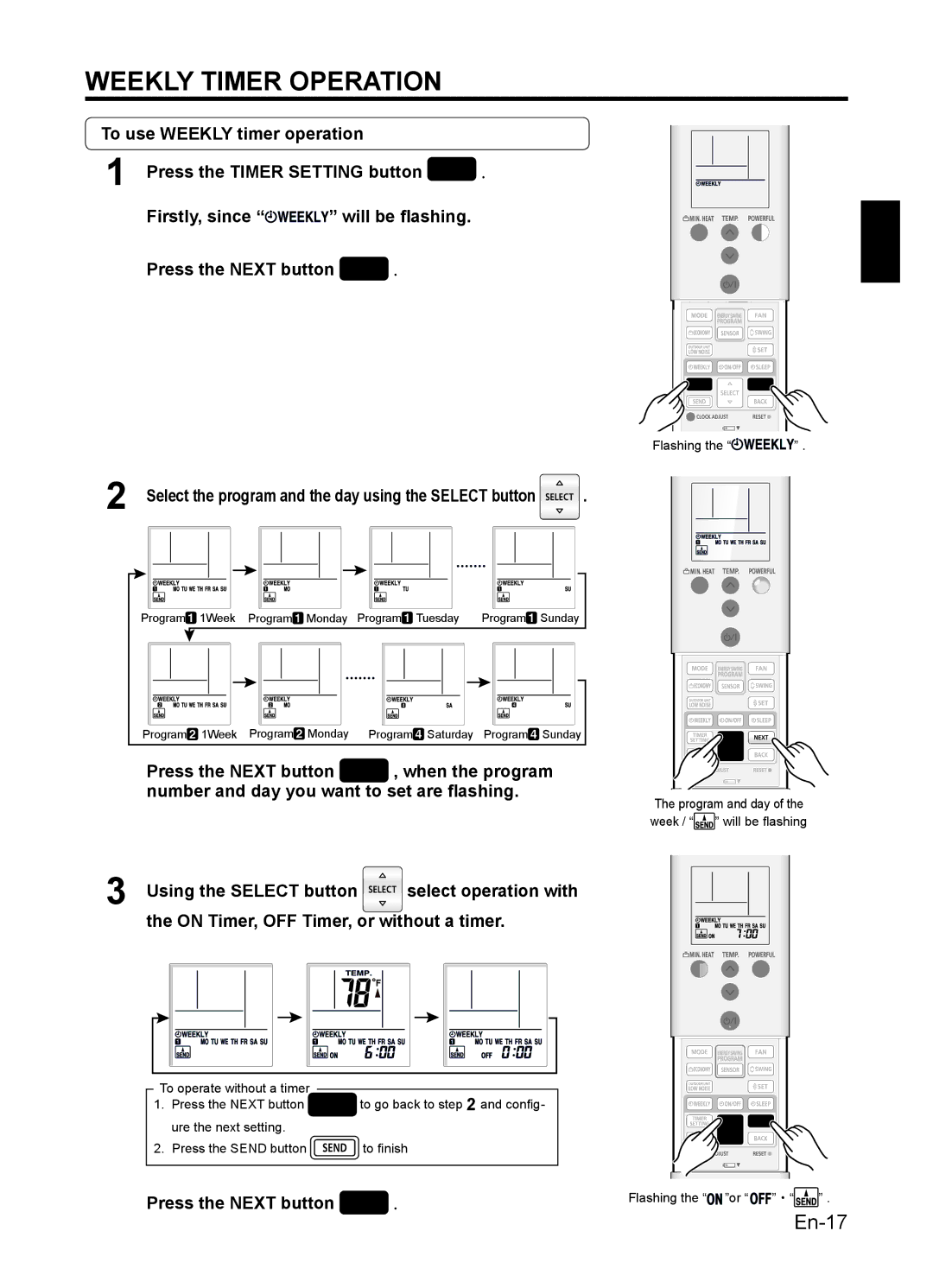 Fujitsu 9319356051 Using the Select button, On Timer, OFF Timer, or without a timer, Select operation with 