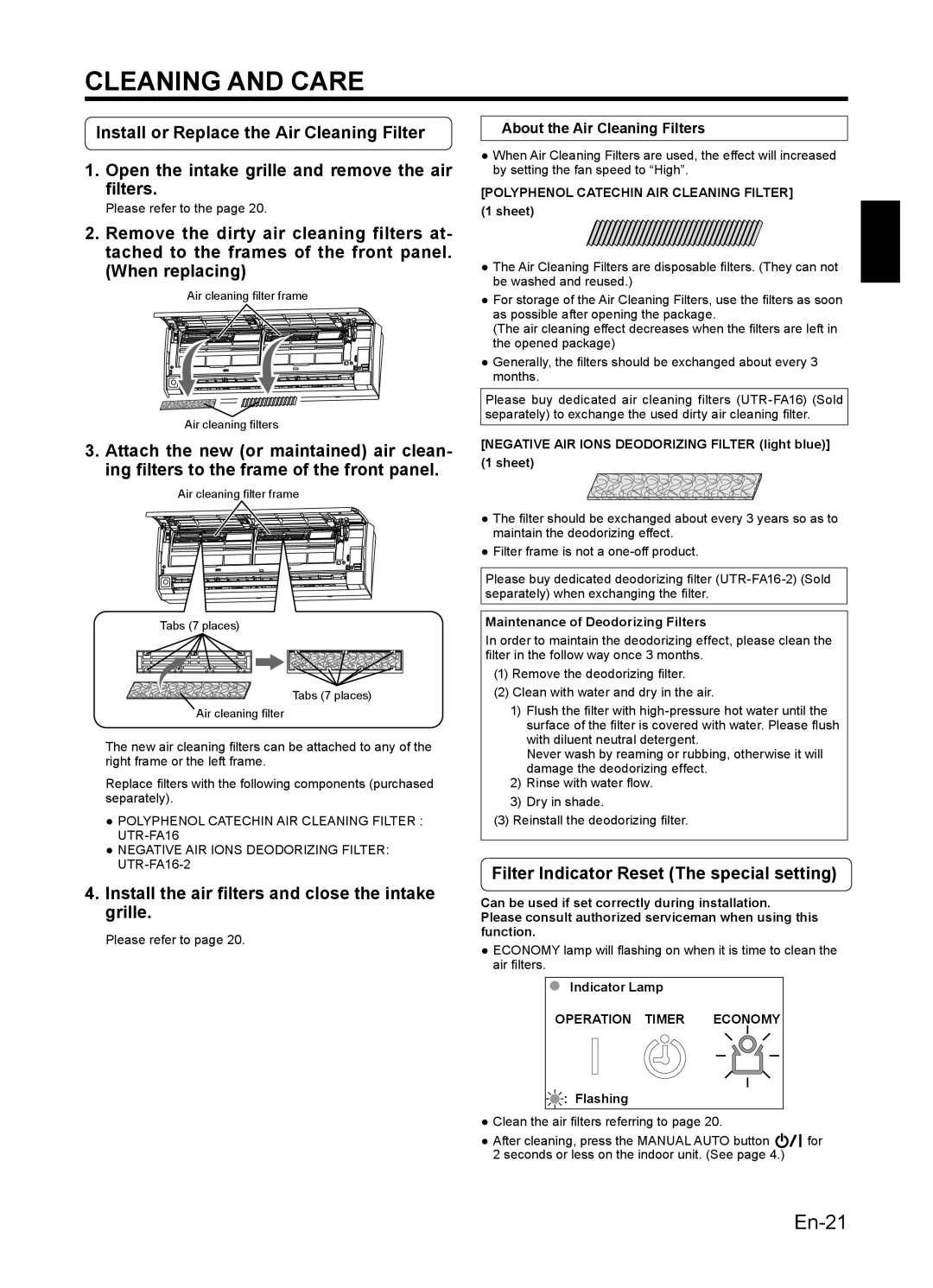 Fujitsu 9319356051 Install the air ﬁlters and close the intake grille, Filter Indicator Reset The special setting 