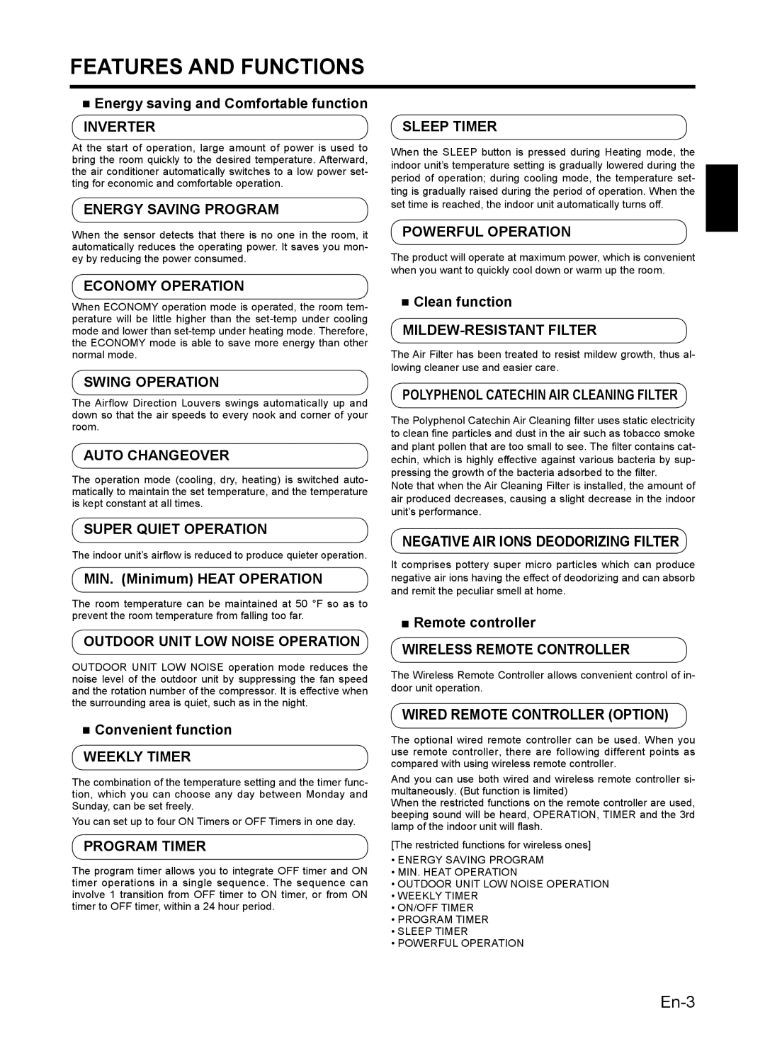 Fujitsu 9319356051, AIR CONDITIONER manuel dutilisation Features and Functions 