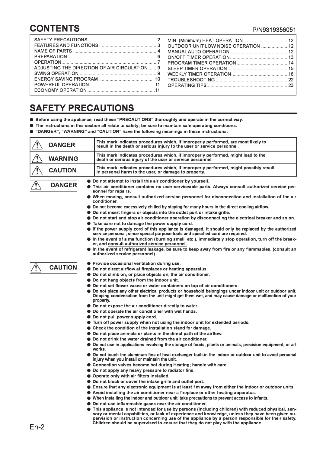 Fujitsu AIR CONDITIONER manuel dutilisation Contents, Safety Precautions, En-2, P/N9319356051 