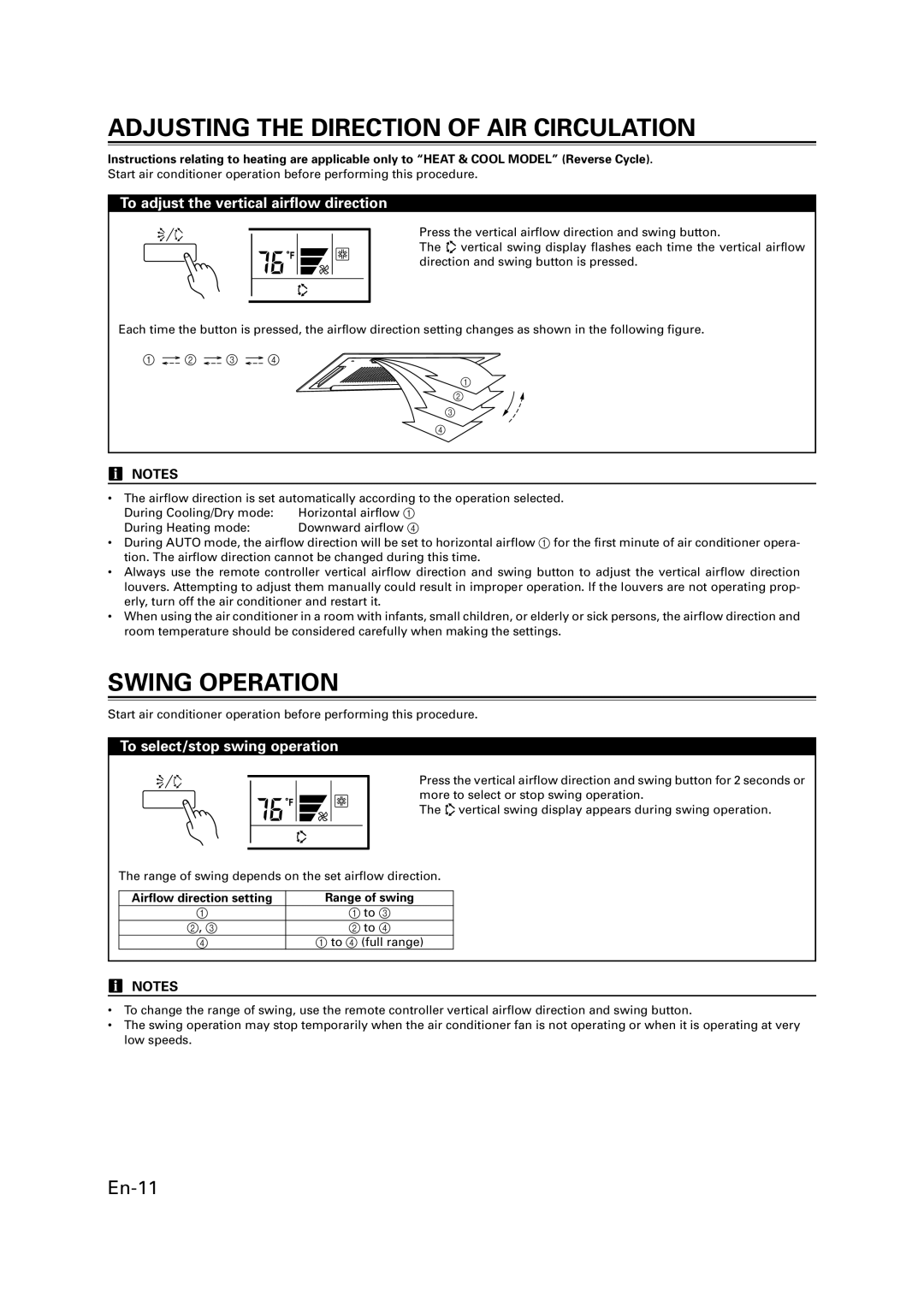 Fujitsu 9368987046 Adjusting the Direction of AIR Circulation, Swing Operation, To adjust the vertical airflow direction 