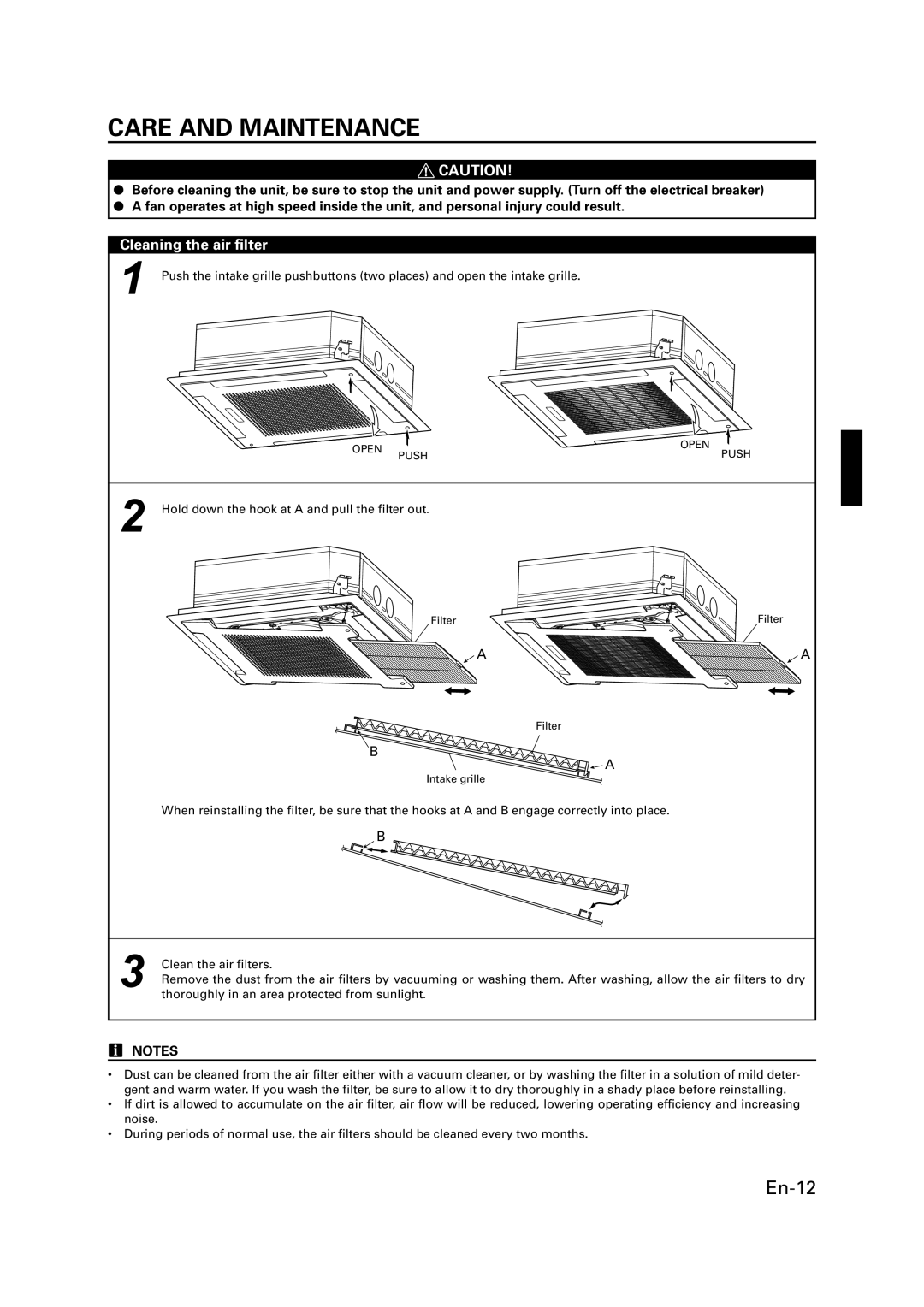 Fujitsu AIR CONDITIONER CASSETTE TYPE, 9368987046 manual Care and Maintenance, Cleaning the air filter 