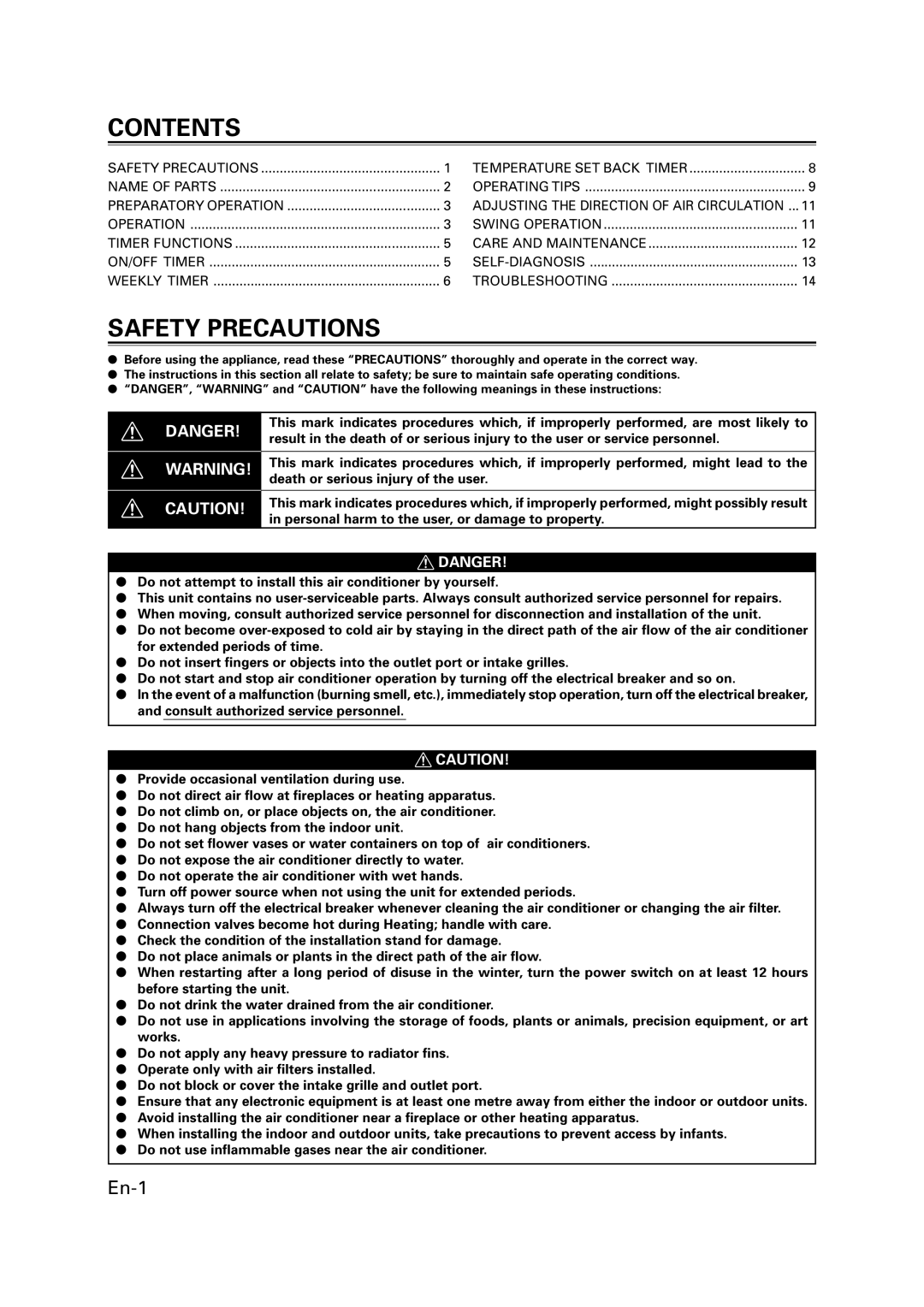 Fujitsu 9368987046, AIR CONDITIONER CASSETTE TYPE manual Contents, Safety Precautions 