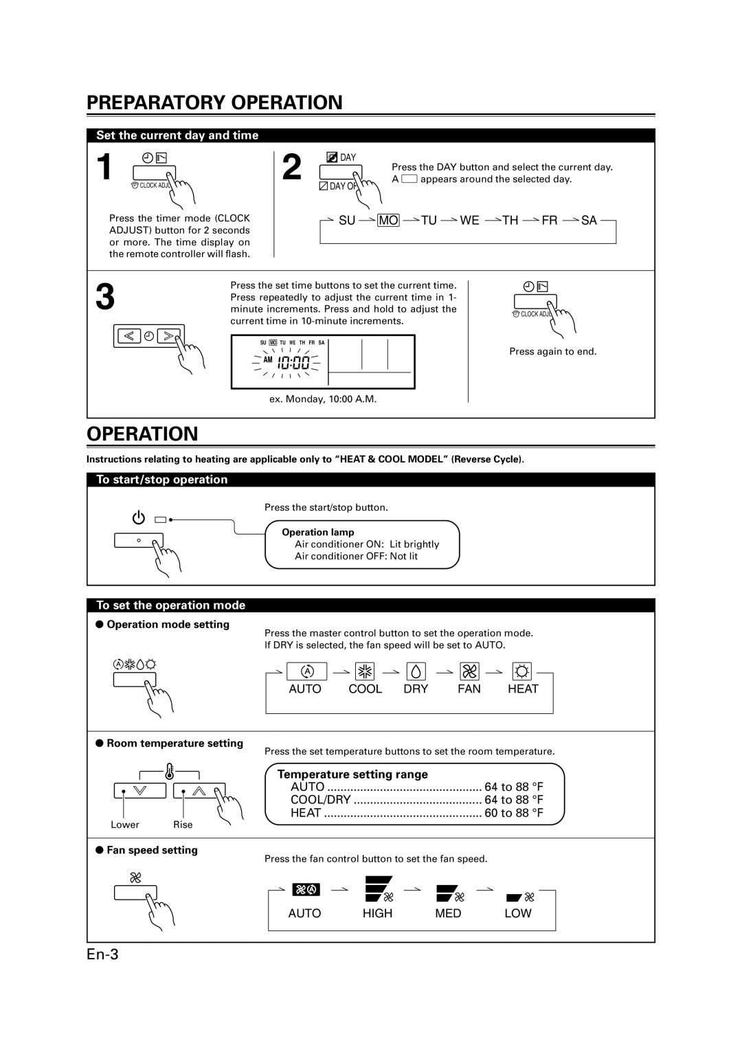 Fujitsu 9368987046 Preparatory Operation, Set the current day and time, To start/stop operation, To set the operation mode 