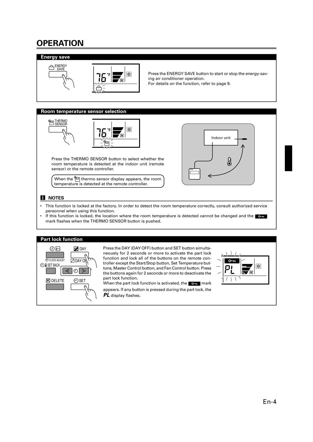 Fujitsu AIR CONDITIONER CASSETTE TYPE, 9368987046 manual Energy save, Room temperature sensor selection, Part lock function 