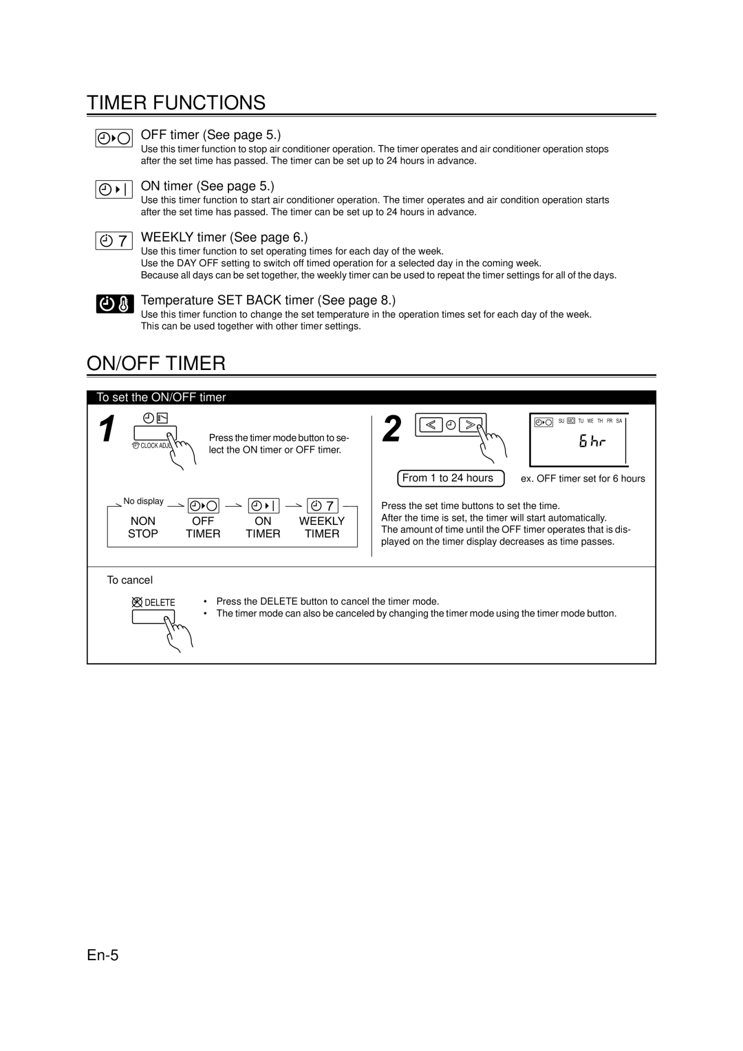 Fujitsu 9368987046, AIR CONDITIONER CASSETTE TYPE manual Timer Functions, ON/OFF Timer, To set the ON/OFF timer, To cancel 