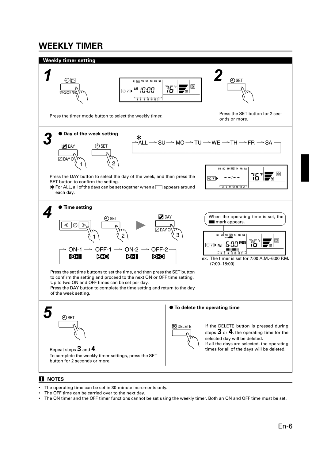 Fujitsu AIR CONDITIONER CASSETTE TYPE, 9368987046 manual Weekly timer setting, Day of the week setting, Time setting 