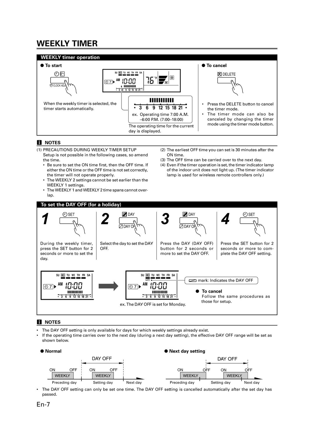 Fujitsu 9368987046 manual Weekly Timer, Weekly timer operation, To set the DAY OFF for a holiday, To start 