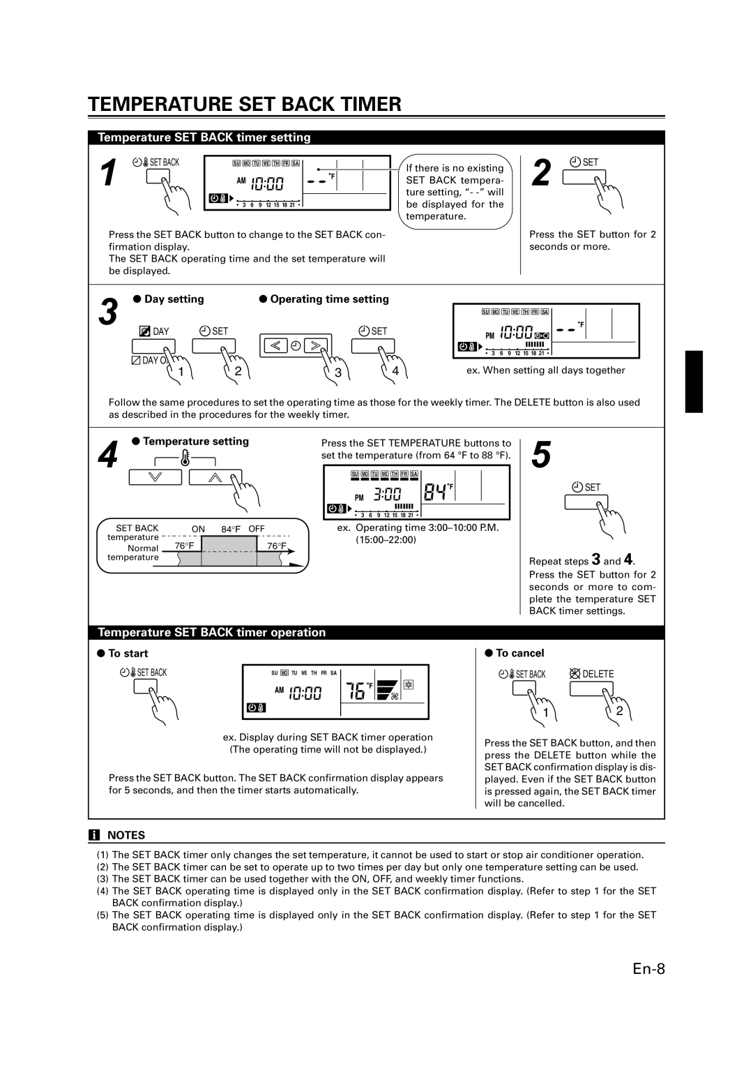 Fujitsu AIR CONDITIONER CASSETTE TYPE Temperature SET Back Timer, Temperature SET Back timer setting, Temperature setting 