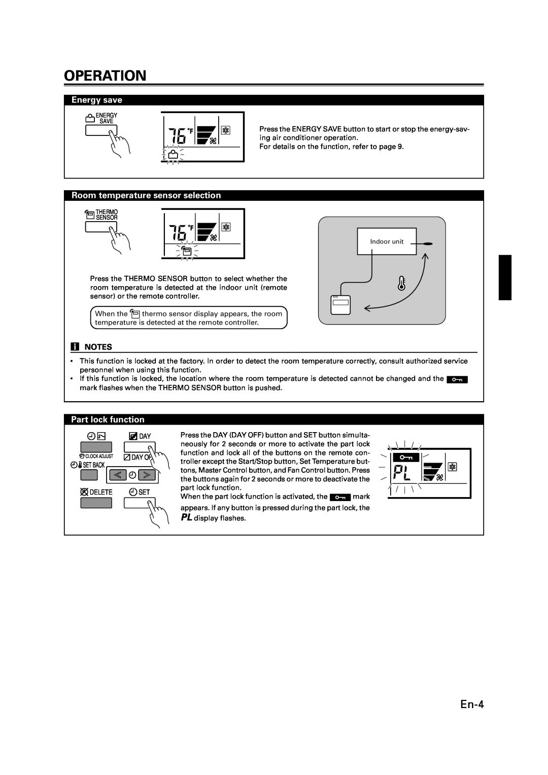 Fujitsu AIR CONDITIONER CASSETTE TYPE En-4, Operation, Energy save, Room temperature sensor selection, Part lock function 