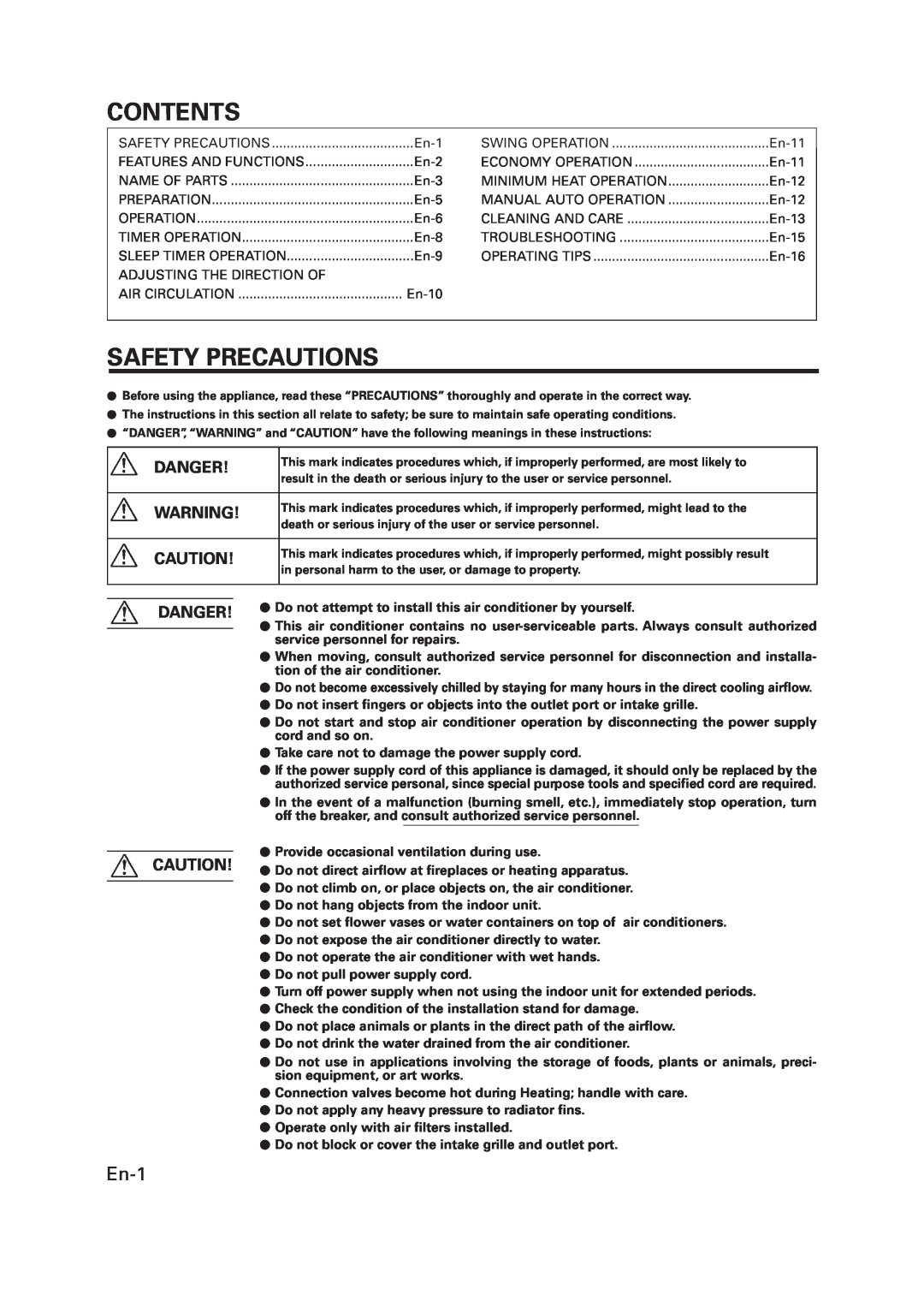 Fujitsu 9332280012-02, Air Konditioner Compact Wall Mounted Type manual Contents, Safety Precautions, En-1, Danger 