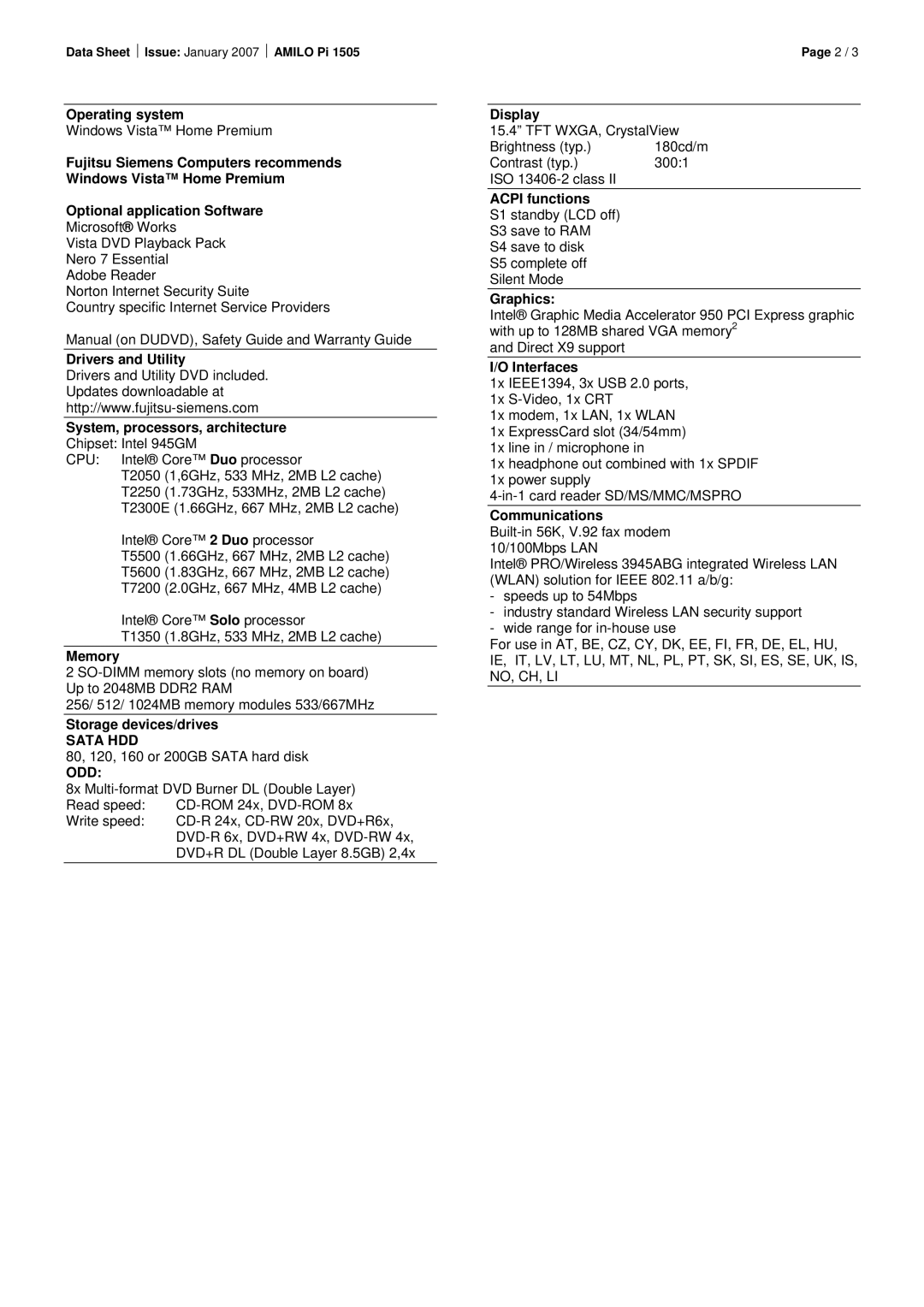 Fujitsu AMILO Pi 1505 Operating system, Drivers and Utility, System, processors, architecture, Memory, Display, Graphics 