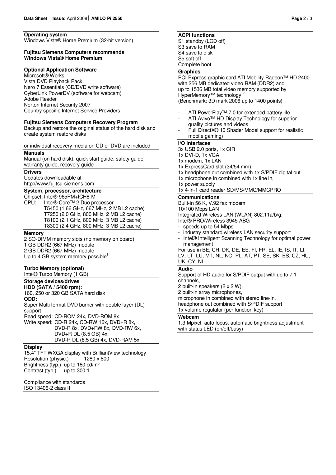 Fujitsu AMILO Pi 2550 Operating system, Manuals, Drivers, Turbo Memory optional, Display, Acpi functions, Graphics 