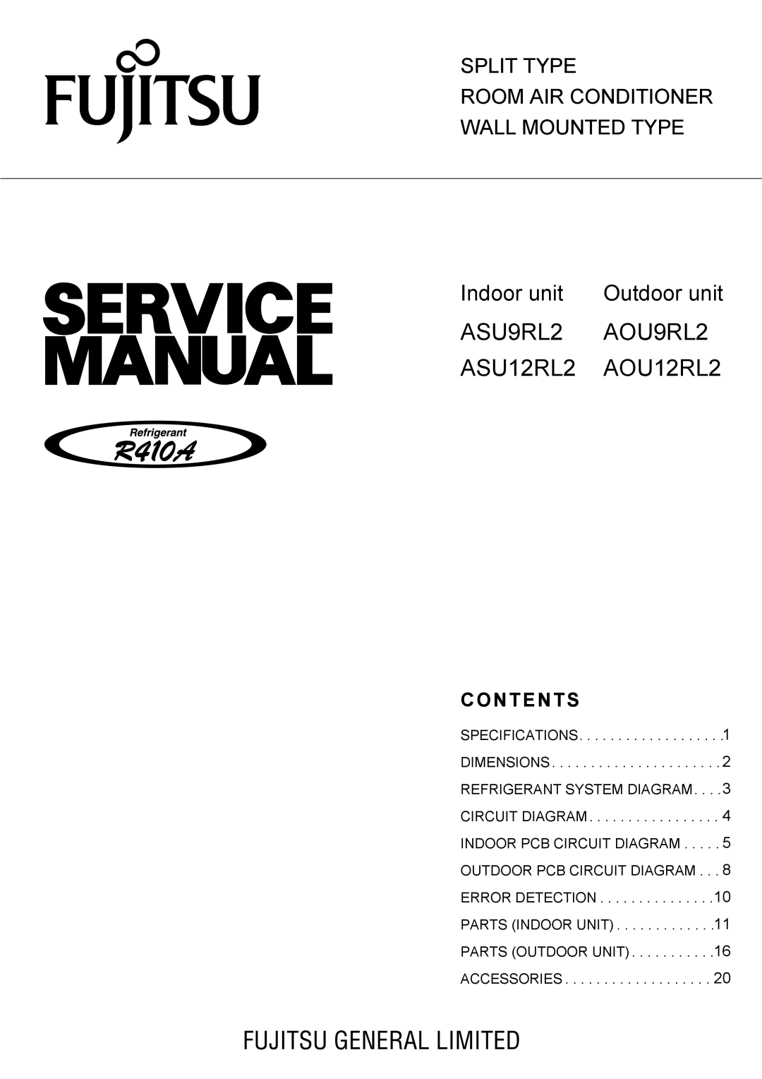 Fujitsu specifications ASU9RL2 AOU9RL2 ASU12RL2 AOU12RL2, Contents 