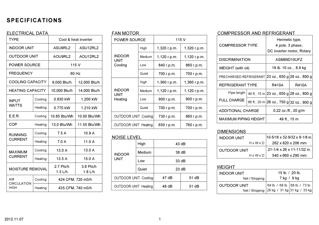 Fujitsu AOU9RL2 specifications Specifications 