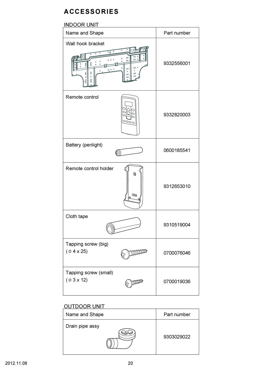 Fujitsu AOU9RL2 specifications Accessories, Indoor Unit 