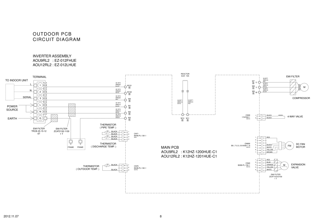 Fujitsu specifications Outdoor PCB Circuit Diagram, Inverter Assembly AOU9RL2 EZ-012FHUE AOU12RL2 EZ-012LHUE 