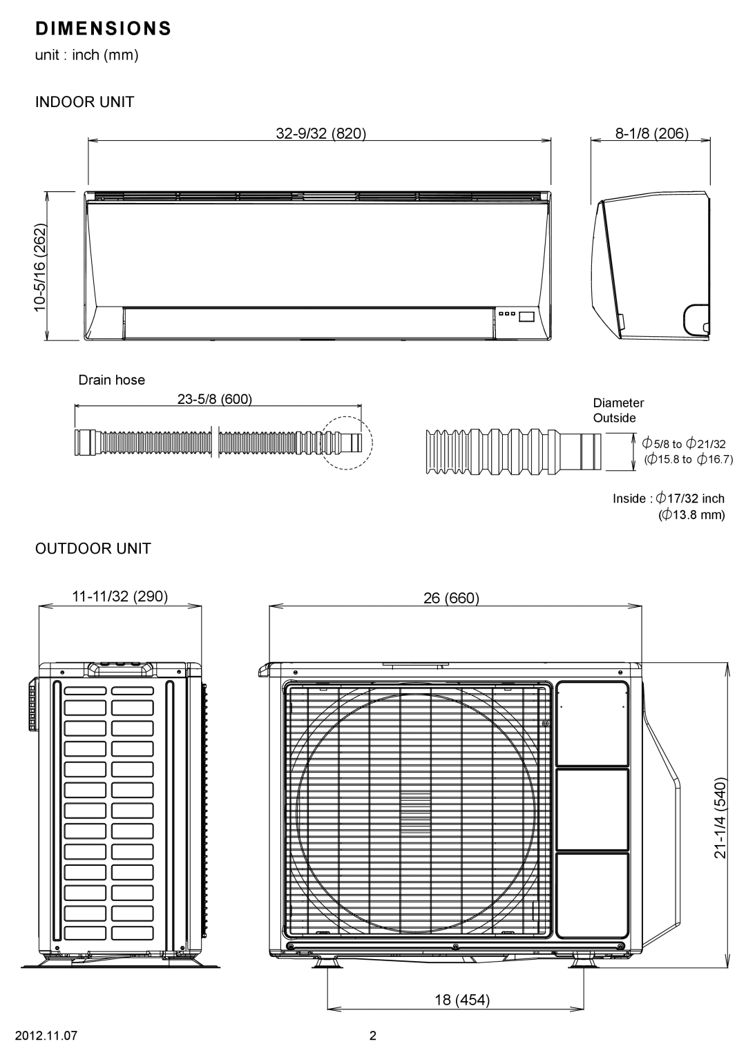 Fujitsu AOU9RL2 Dimensions, unit inch mm INDOOR UNIT 32-9/32820, 10-5/16262, 8-1/8206, Outdoor Unit, 11-11/32290 