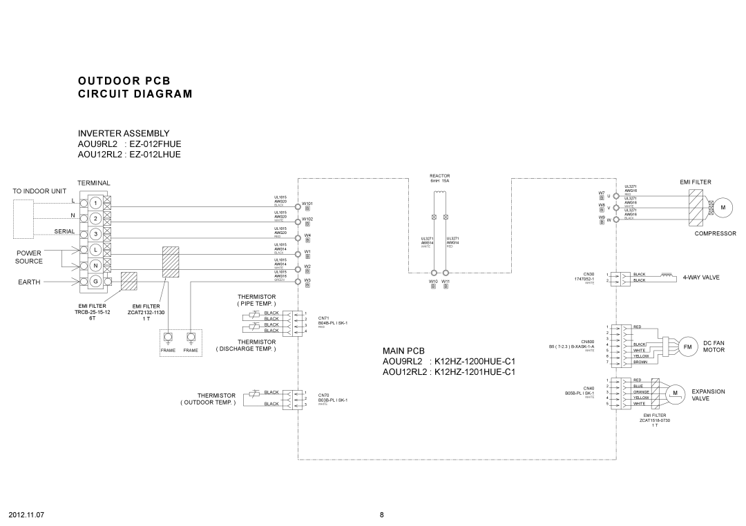 Fujitsu specifications Outdoor Pcb Circuit Diagram, MAIN PCB AOU9RL2 K12HZ-1200HUE-C1, AOU12RL2 K12HZ-1201HUE-C1 
