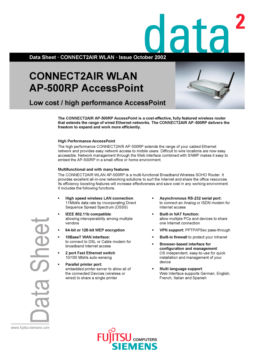 Fujitsu AP-500RP manual Multifunctional and with many features, § 64-bit or 128-bit WEP encryption § 10BaseT WAN interface 